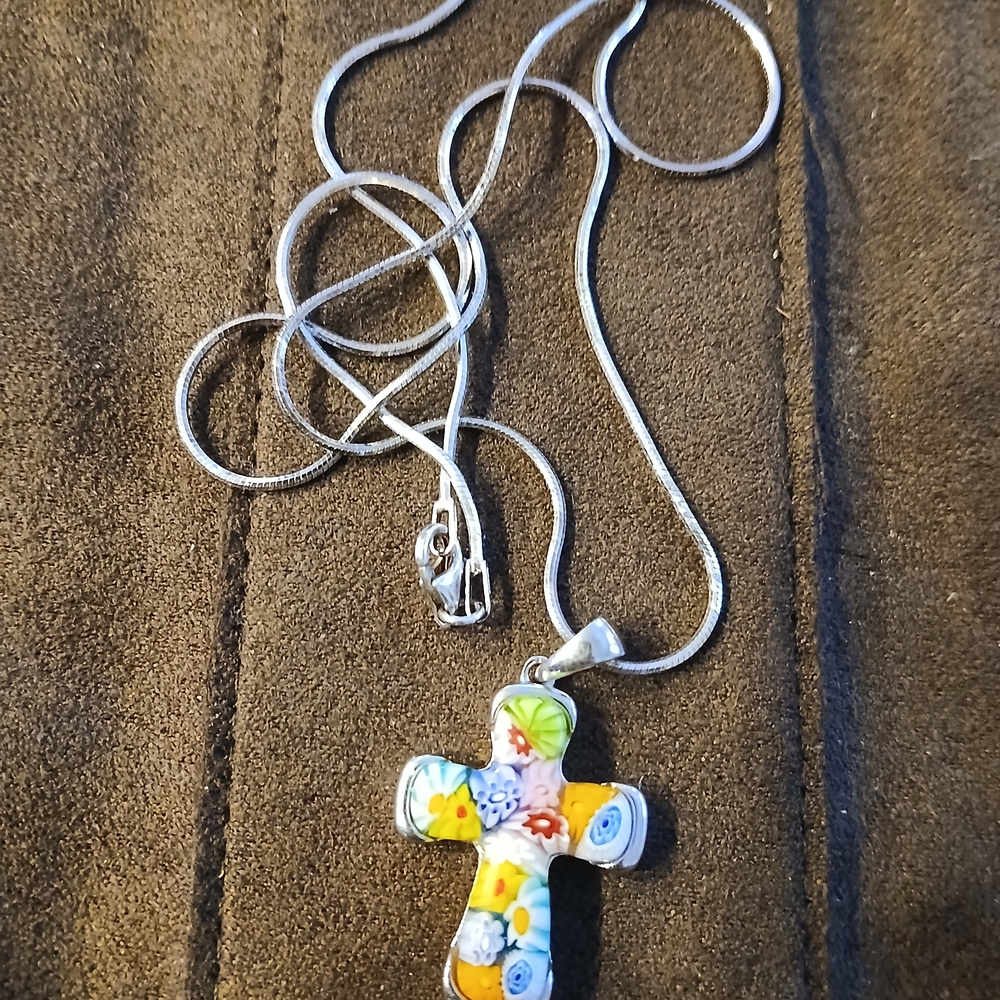 Alan K Silver Necklace with Colorful Cross Pendant